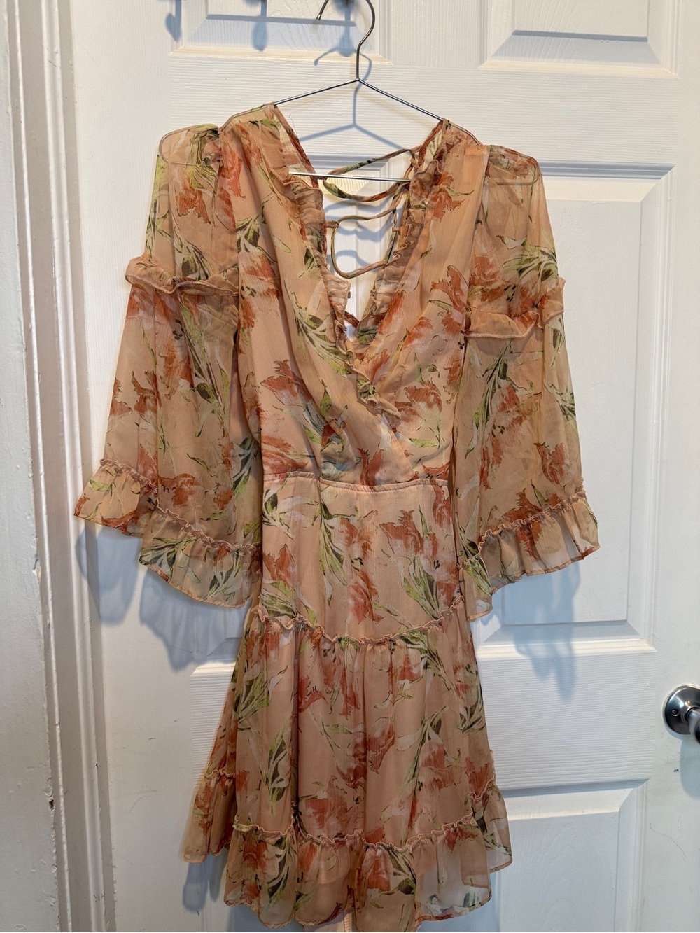 Floral Peach Chiffon Ruffle Tiered Dress